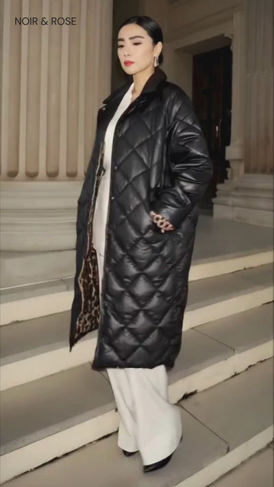 Ofira – Wende-Steppmantel mit Leopardenfutter